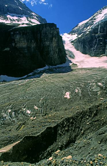 (AG20) Victoria Glacier showing flow crevasses and lateral moraine, Alberta, Canada