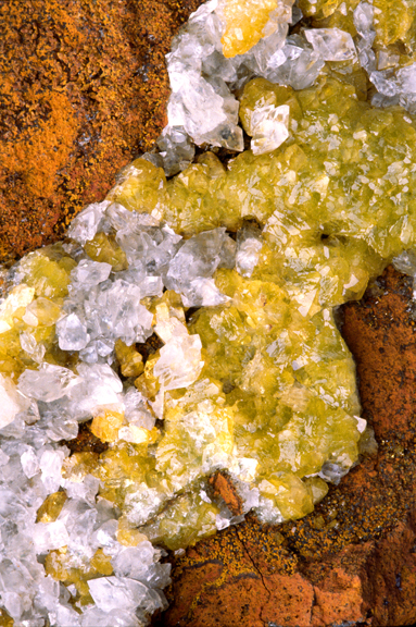 (MN19) Adamite, calcite, and limonite, Ojuela Mine, Mapimi, Durango, Mexico