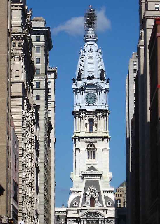 City Hall Tower, with William Penn encased by scaffolding