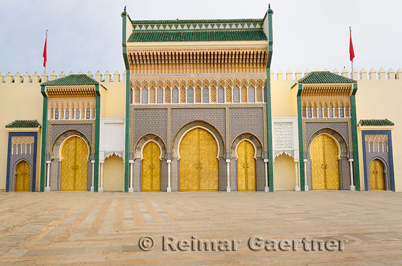 Dar El Makhzen Royal Palace from Place des Alaouites with brass doors in Fes el Jadid Morocco