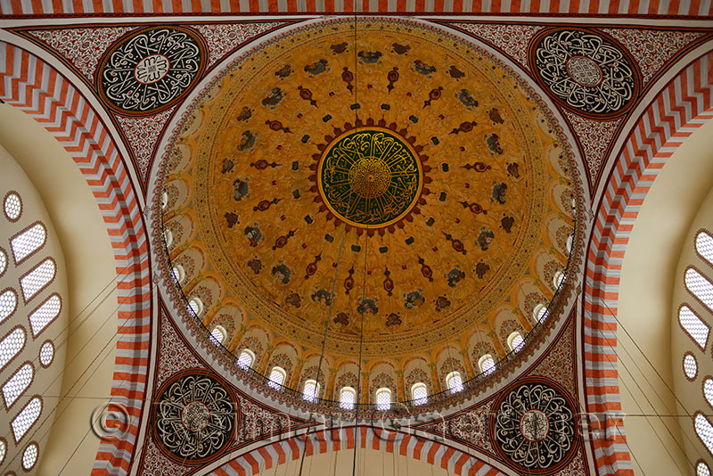 Intricate decoration of ceiling dome of Suleymaniye Mosque Istanbul Turkey