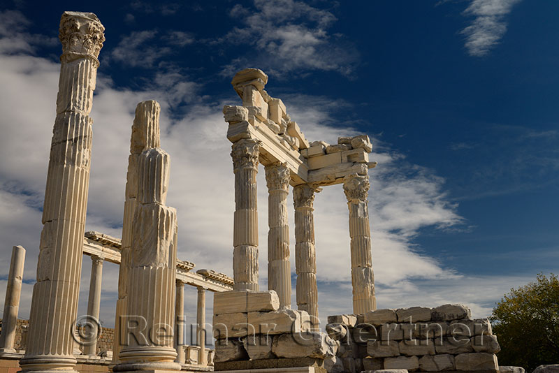 White marble corinthian colums of Trajan Temple at Pergamon archeological site Bergama Turkey