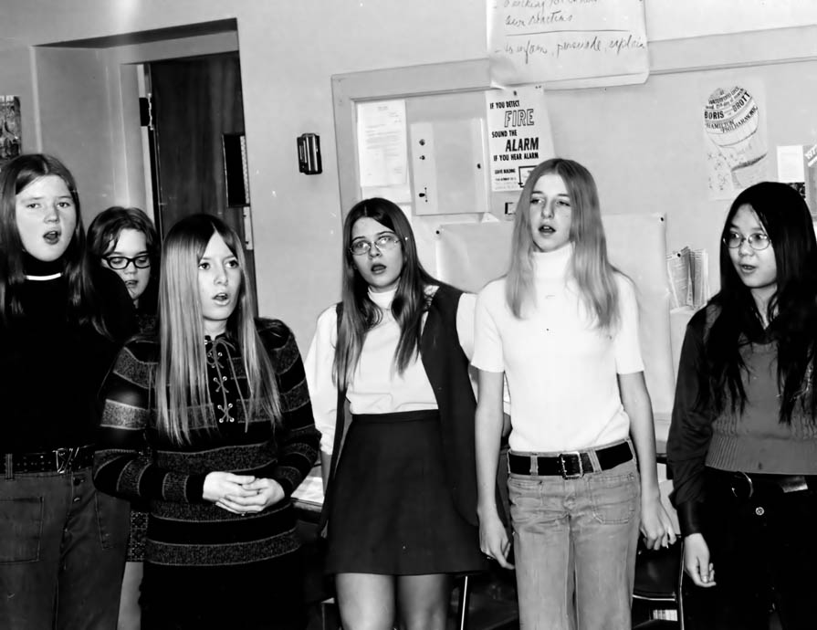 Early 70s and straight hair (Chris Collier 3rd from left, then Sue Dickout, Barb Doerksen, and Mary Yin at right)
