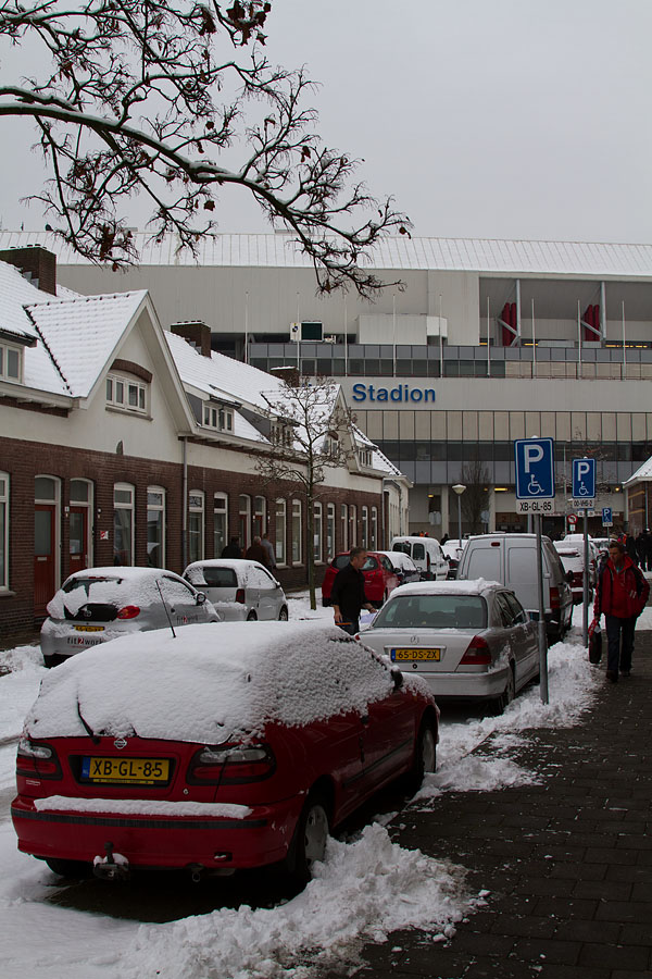 Snowy conditions outside the Philips Stadion