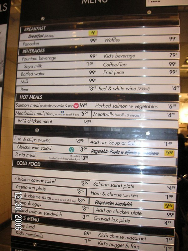 Menu sa Ikea, $1 breakfast