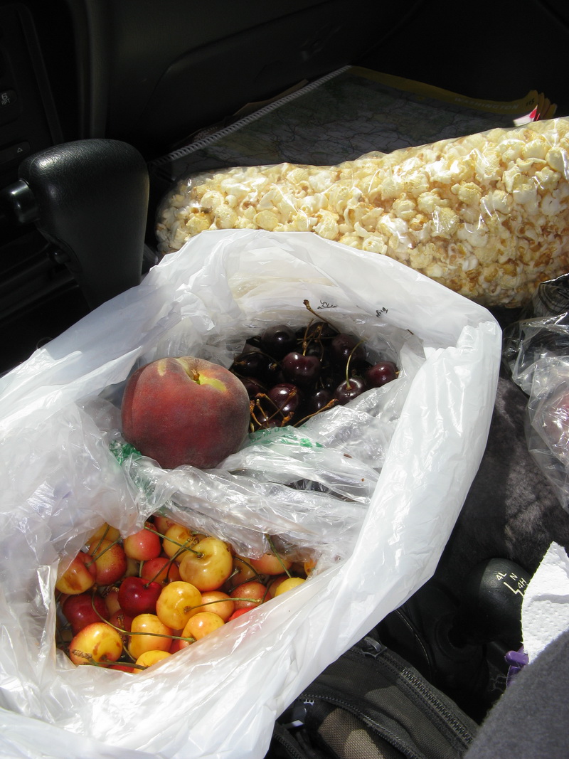 Yum, fresh cherries, peaches, and carmel corn