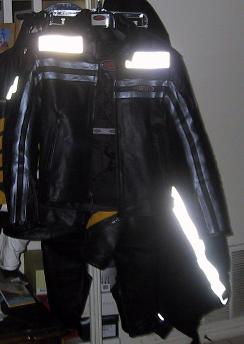 SOLAS reflective tape applied to the front of leather jacket