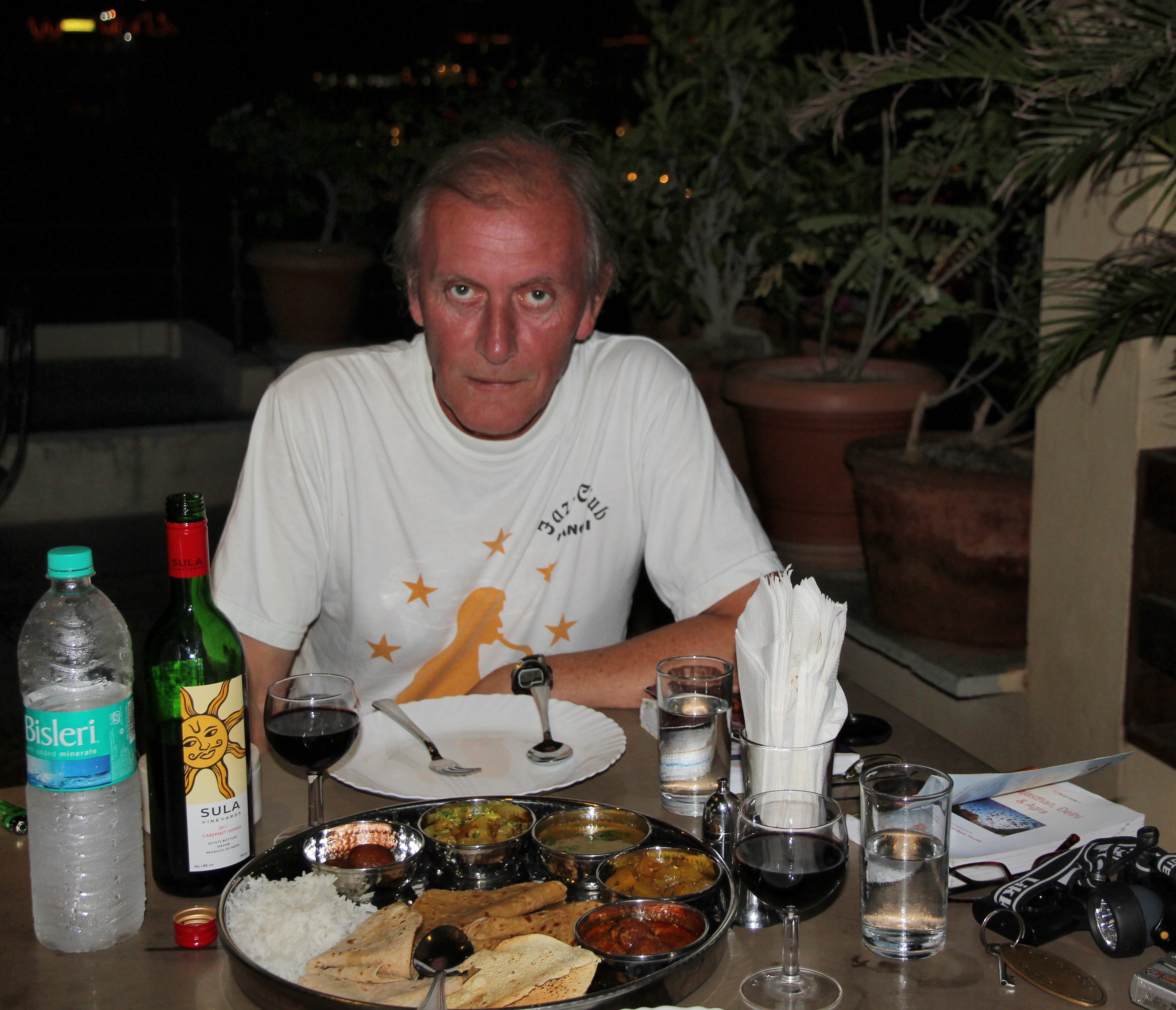 Thali and Sula (indian red wine) at the rooftop of Kankarwa Haveli