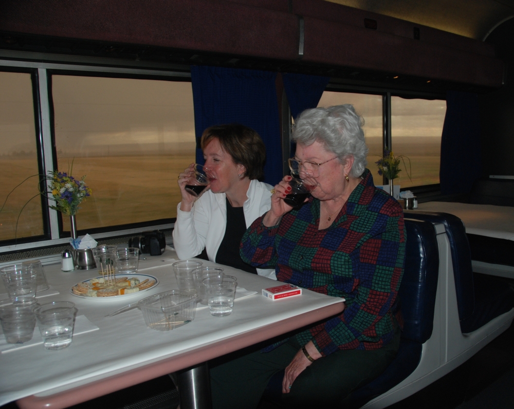Mom  Ann Wine tasting in the dining car.