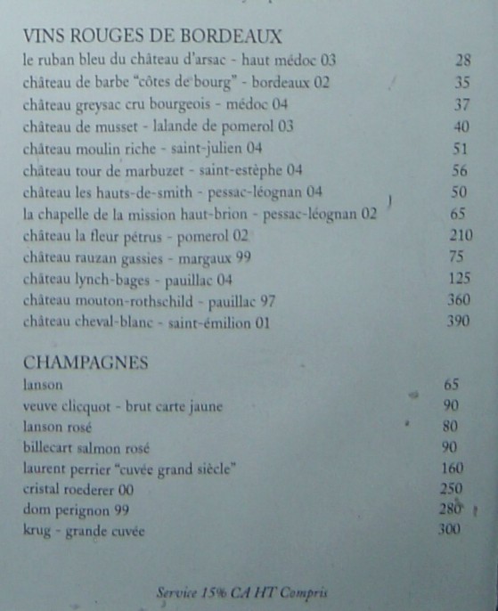 Caf Marly Menu - Bordeaux & Champagne