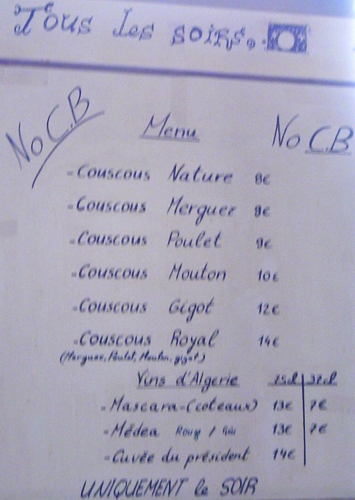 Chez Mamane - Couscous Menu