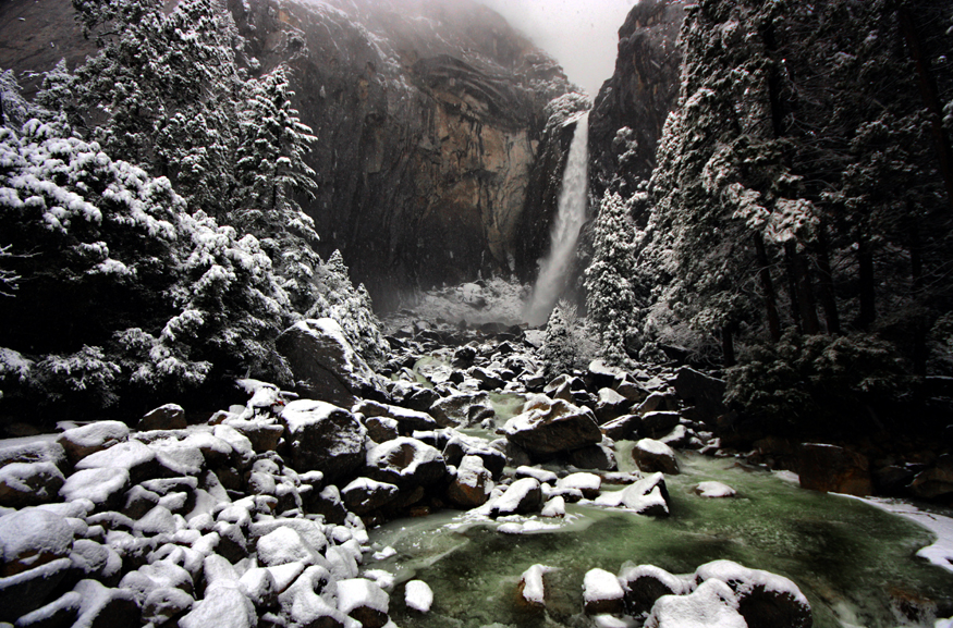 Lower Yosemite Falls in fresh snow