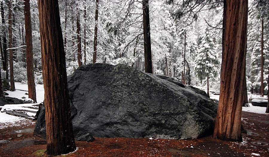 Boulder in fresh snow