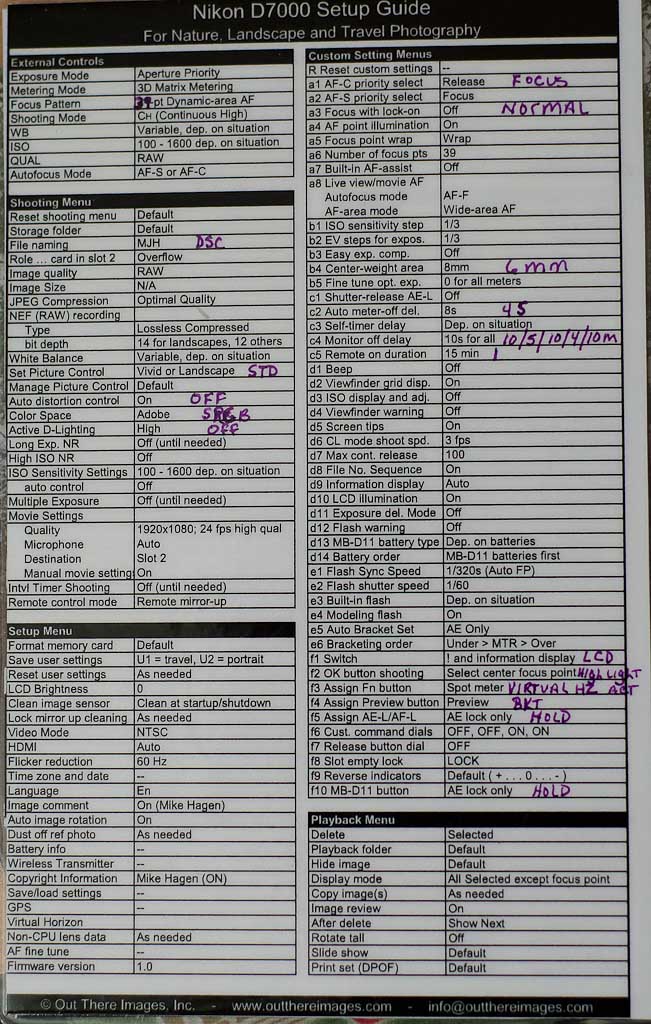 D7000 menu setup info