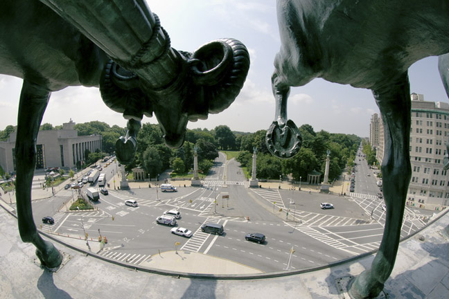 The top of the  Arch at Grand  Army Plaza looking at Prospect Park