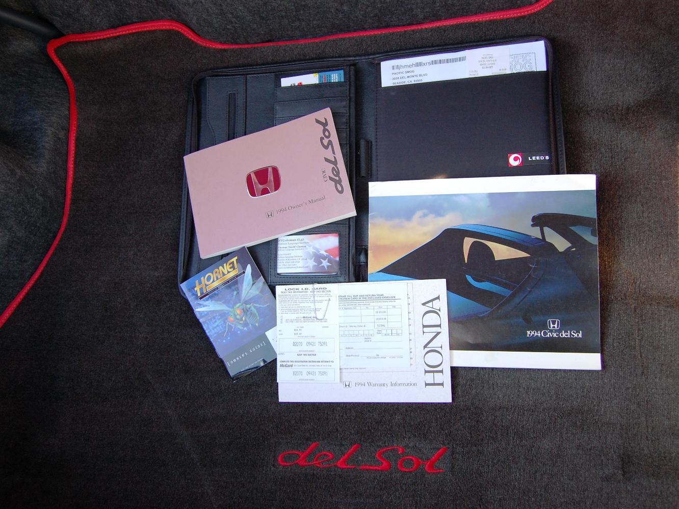 94 Honda Del Sol Si VTEC owners manual, dealer brochure and receipts