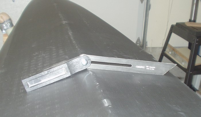 Bevel gauge takes angles off hull for cuts on wedge.  (Note protective strips not on hull yet.)