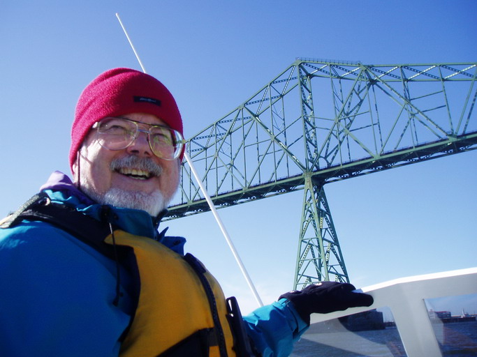 Skip Dave in the Scoter, under the Astoria Bridge; inaugural Columbia River venture.