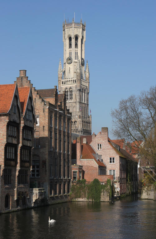 Brugge Belfry and canal behind Hotel Erasmus 2