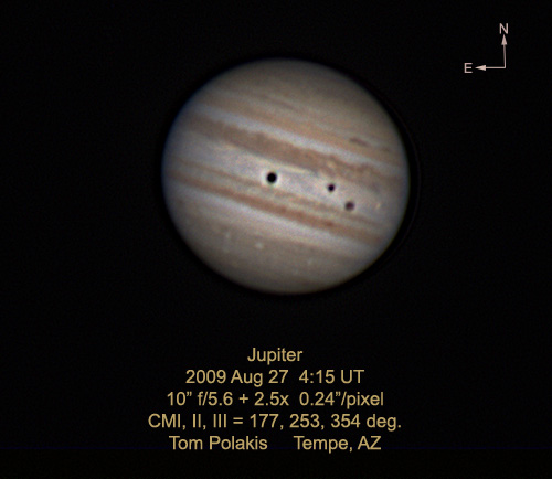 Jupiter: August 27, 2009 with Europa, Ganymede and Their Shadows