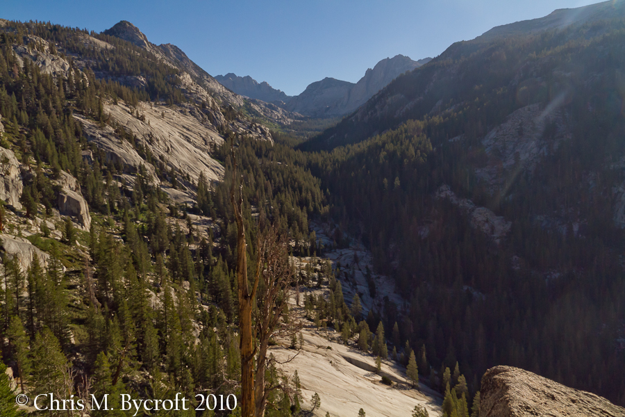 View up North Fork of Mono Creek.  Here the track decended a steeply amongst switchbacks on granite faces.