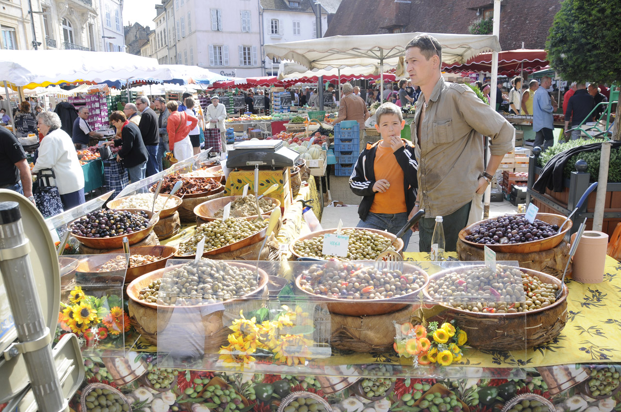 Olives for sale, Beaune market, France.