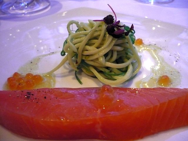 smoked salmon, wasabi noodle and seaweed salad, salmon caviar