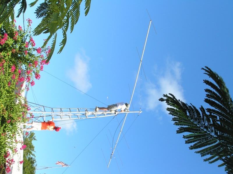 Connie on the roof top Tower ....working on the six meter antenna