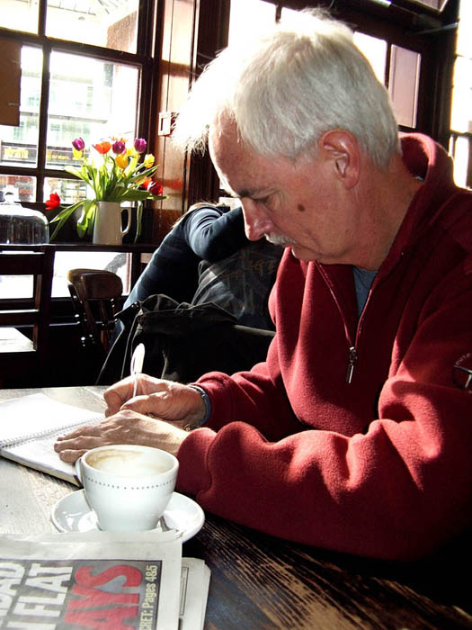 Making notes in The Coffee House, Spitalfields, London