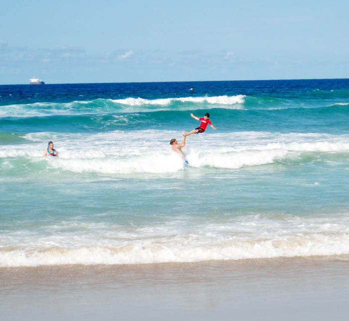 Tim and Cozmo in the surf, April 2007