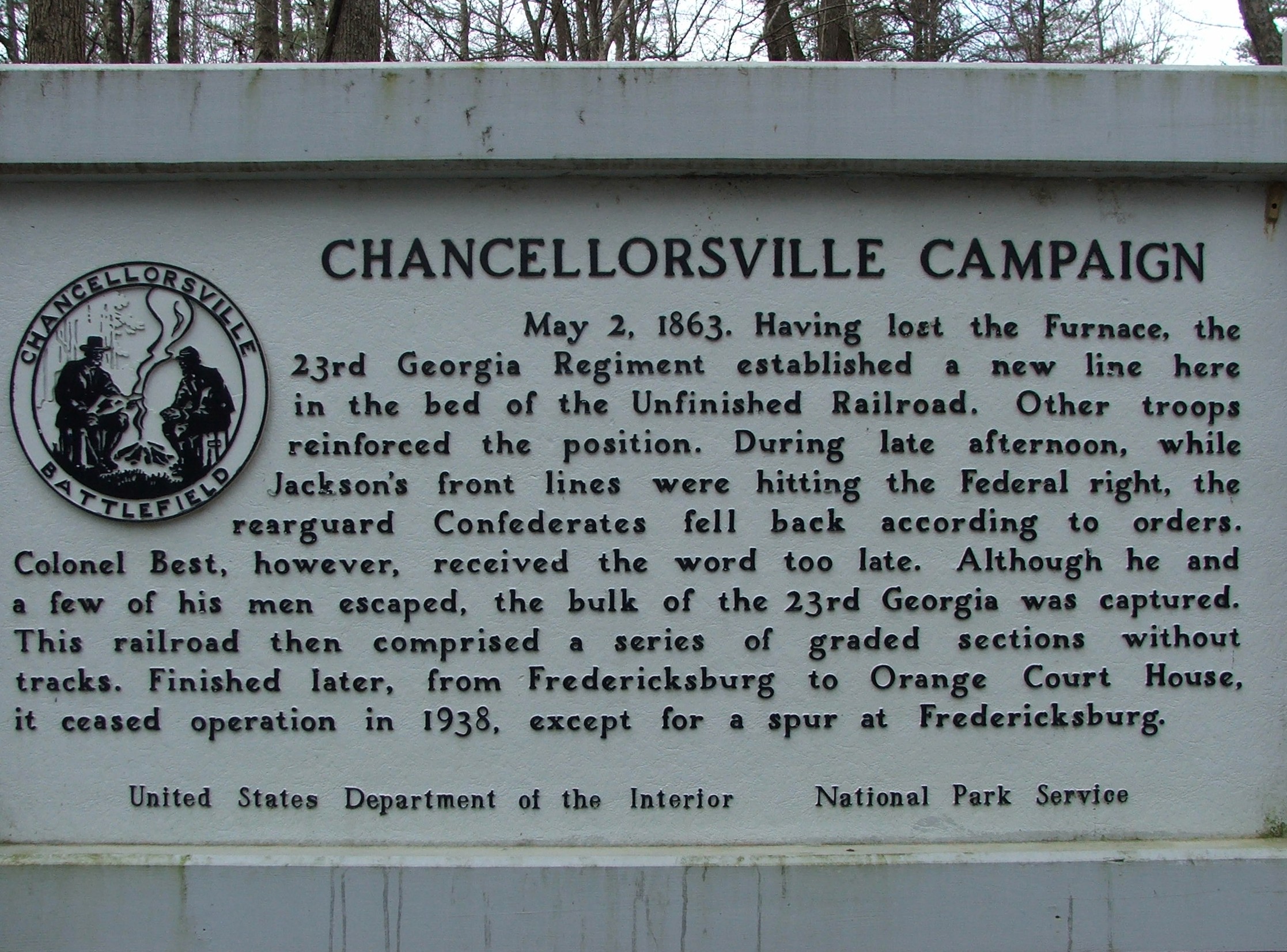 A Civil War marker in Chancellorsville battlefield signifying the importance RR grade