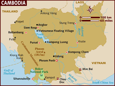 Map of Cambodia with star indicating Phnom Penh. These photos are of Killing Fields outside of Phnom Penh.