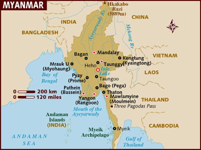 Map of Myanmar wth star indicating Inle Lake.