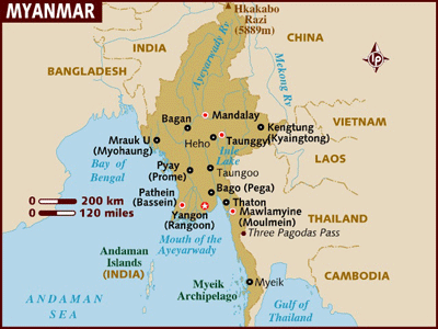 Map of Myanmar with the star indicating Yangon.