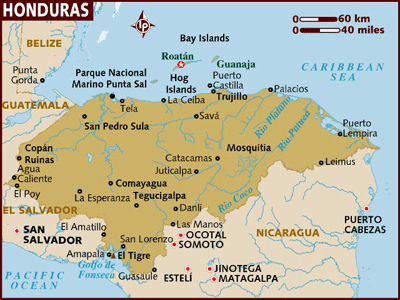Map of Honduras with the star indicating Roatn.