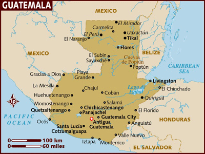 Map of Guatemala with the star indicating Antigua.
