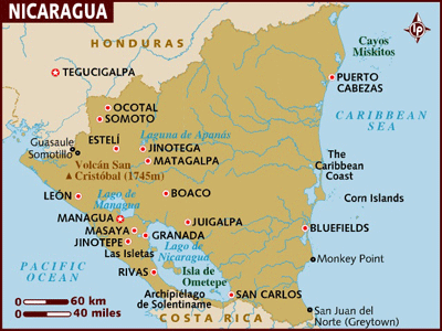Map of Nicaragua with the star indicating Managua.