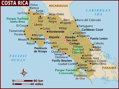 Map of Costa Rica with the star indicating the location of Manuel Antonio.