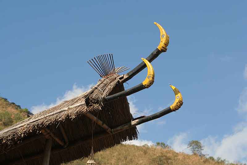 Hornbill decoration at the top of a morung in Kisama.