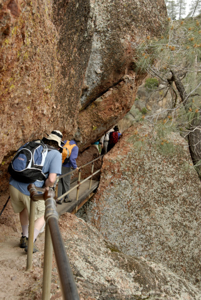 Traversing this narrow bridge on the High Peaks Trail
