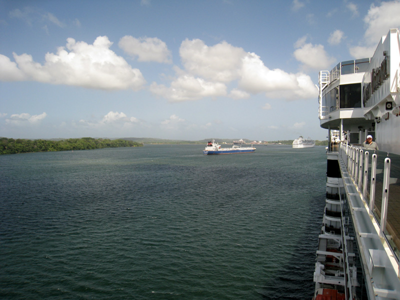 View  of the Panama Canal from the back of the ship