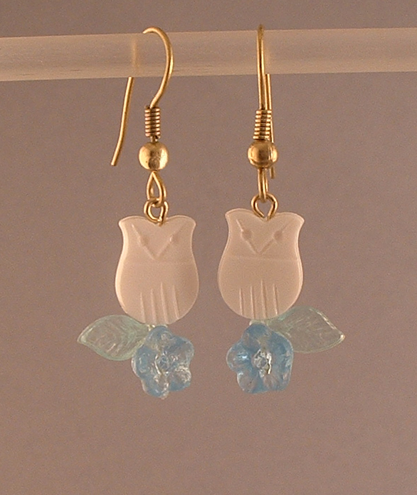 WVE4 - Owl Earrings (on brass hooks with lucite flowers)