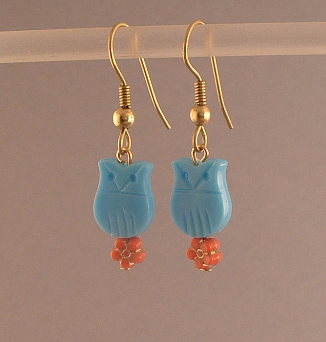 WVE7 - Aqua Owl Earrings (on brass hooks with cinnabar flowers)