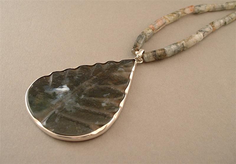 WN619 - Carved Green Moss Agate Pendent on Rutilated Quartz Tube Beads