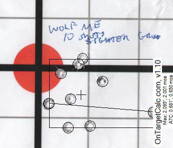 WolfME 22LR 10 shot sighter group at 100yds from bench
