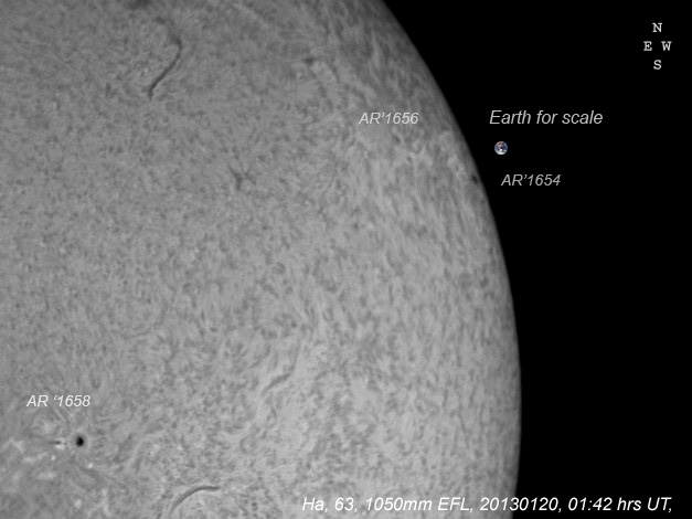 20130120 01:2 hrs UT Ha 63, 1050mm EFL, 2.5x Powermate with 0.5x FR, Western hemi