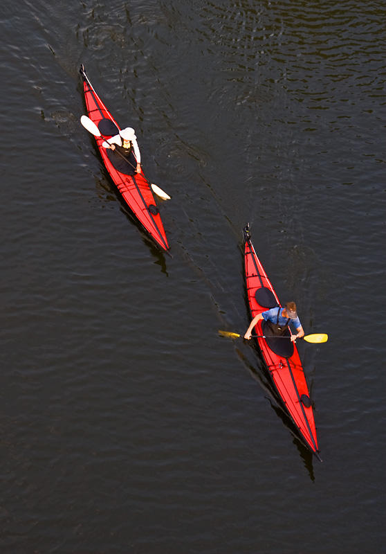 2 red canoes