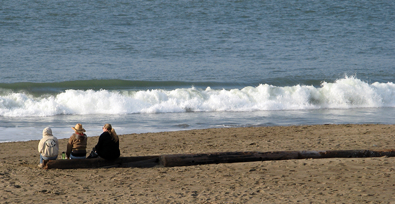 Three women watching surf from driftwood log.  0037