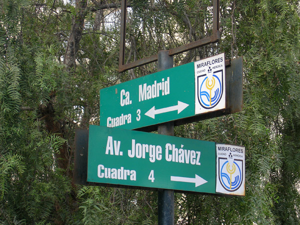 MIraflores road sign - Ca Madrid & Av Jorge Chavez