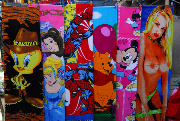 Disney character and naken lady towels, Mercado, Arequipa